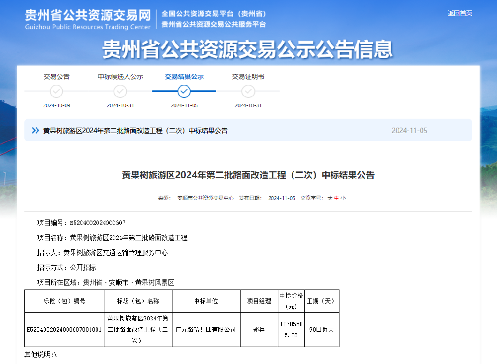 喜报|路桥集团成功中标黄果树旅游区2024年第二批路面改造工程